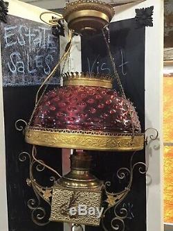 Antique Cranberry hobnail hanging library Parlor Oil Lamp Light Converted