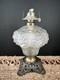 Antique Crinkle Glass Beaded Drape Oil Lamp With Reticulated Cast Base