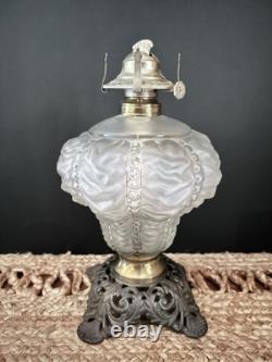 Antique Crinkle Glass Beaded Drape Oil Lamp With Reticulated Cast Base