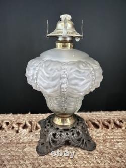 Antique Crinkle Glass Beaded Drape Oil Lamp With Reticulated Cast Base