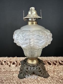 Antique Crinkle Glass Beaded Drape Oil Lamp With Reticulated Cast Base