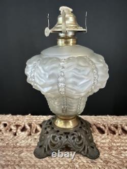 Antique Crinkle Glass Beaded Drape Oil Lamp With Reticulated Cast Base