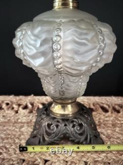 Antique Crinkle Glass Beaded Drape Oil Lamp With Reticulated Cast Base