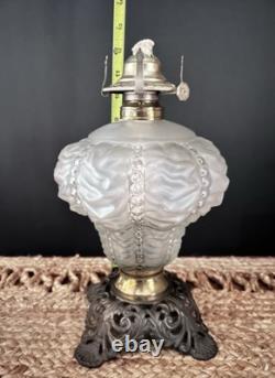 Antique Crinkle Glass Beaded Drape Oil Lamp With Reticulated Cast Base