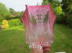 Antique Crystal Etched Cranberry Glass Duplex Oil Lamp Shade