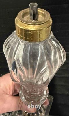 Antique Cut + Pressed Glass Whale Oil Lamp, Cut Square Base, Single Tube Burner