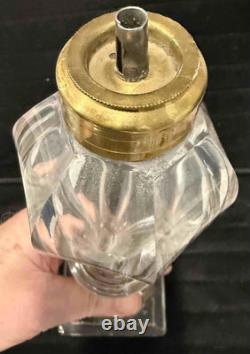 Antique Cut + Pressed Glass Whale Oil Lamp, Cut Square Base, Single Tube Burner