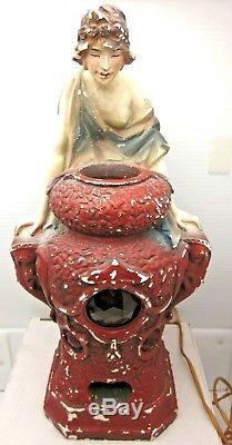 Antique Deco 1920s Fortune Teller Chalkware Incense Oil Lamp with Jewels RARE