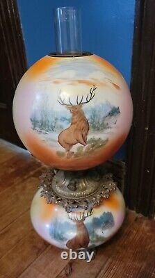 Antique Deer Elk Stag Oil Lantern Lamp Hand Painted Globe Large Gwtw Hurricane