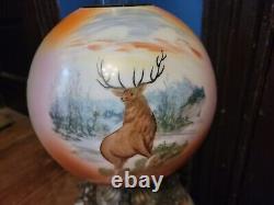 Antique Deer Elk Stag Oil Lantern Lamp Hand Painted Globe Large Gwtw Hurricane