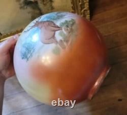 Antique Deer Elk Stag Oil Lantern Lamp Hand Painted Globe Large Gwtw Hurricane