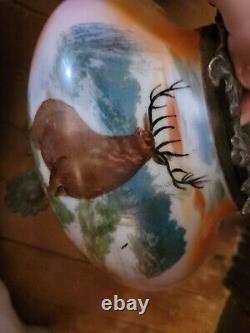 Antique Deer Elk Stag Oil Lantern Lamp Hand Painted Globe Large Gwtw Hurricane