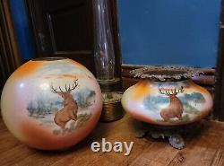 Antique Deer Elk Stag Oil Lantern Lamp Hand Painted Globe Large Gwtw Hurricane