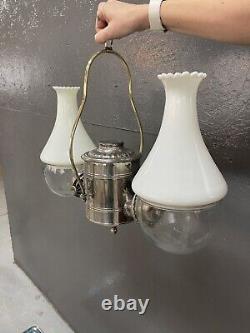 Antique Double ANGLE Oil LAMP Mfg. Co. Kerosene Ceiling Light Complete