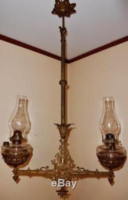 Antique Double Arm Cast Iron Hanging Oil Kerosene Lamp Patent Jan 31 1871