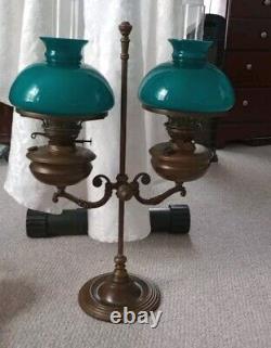 Antique Double Student Duplex Oil Kerosene Lamp Green Shades