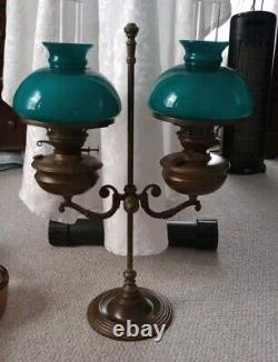 Antique Double Student Duplex Oil Kerosene Lamp Green Shades