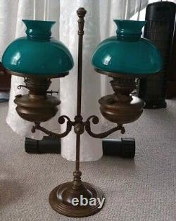 Antique Double Student Duplex Oil Kerosene Lamp Green Shades