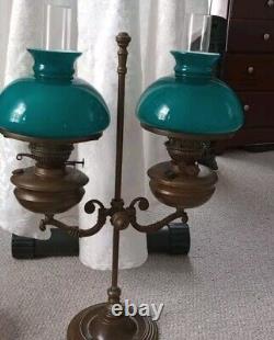 Antique Double Student Duplex Oil Kerosene Lamp Green Shades