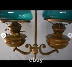 Antique Double Student Duplex Oil Kerosene Lamp Green Shades