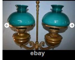 Antique Double Student Duplex Oil Kerosene Lamp Green Shades