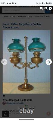 Antique Double Student Duplex Oil Kerosene Lamp Green Shades