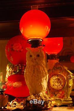 Antique Dresden German Porcelain Owl Parlor Victorian Kerosene Oil Old Gwtw Lamp