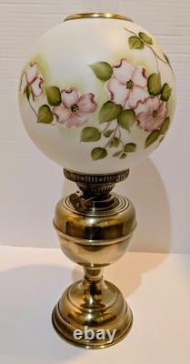 Antique Duplex Brass Dbl Wick Oil Lamp With Hand Painted Floral Shade 21