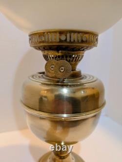 Antique Duplex Brass Dbl Wick Oil Lamp With Hand Painted Floral Shade 21
