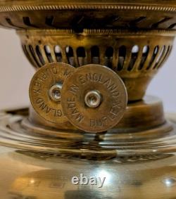 Antique Duplex Brass Dbl Wick Oil Lamp With Hand Painted Floral Shade 21