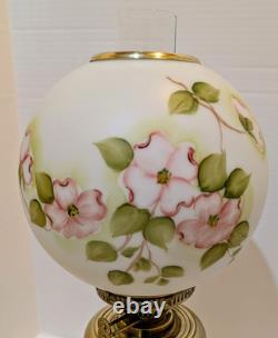 Antique Duplex Brass Dbl Wick Oil Lamp With Hand Painted Floral Shade 21