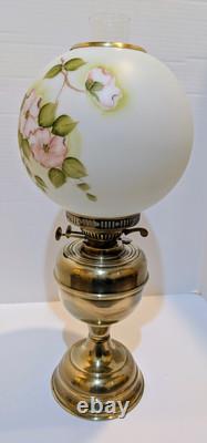 Antique Duplex Brass Dbl Wick Oil Lamp With Hand Painted Floral Shade 21