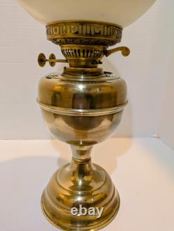 Antique Duplex Brass Dbl Wick Oil Lamp With Hand Painted Floral Shade 21