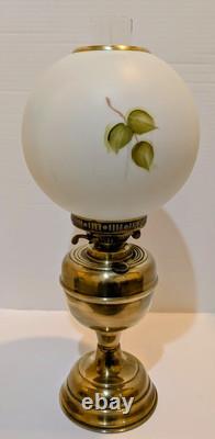 Antique Duplex Brass Dbl Wick Oil Lamp With Hand Painted Floral Shade 21
