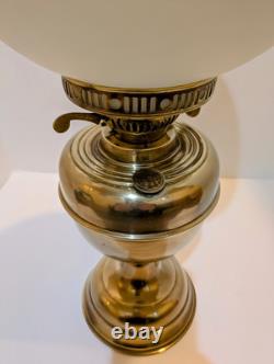 Antique Duplex Brass Dbl Wick Oil Lamp With Hand Painted Floral Shade 21