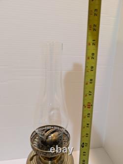 Antique Duplex Brass Dbl Wick Oil Lamp With Hand Painted Floral Shade 21