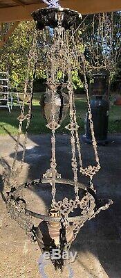 Antique Dutch cast iron hanging oil lamp