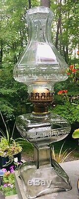 Antique EAPG Greek Key Glass Oil Lamp, Chimney Shade 1880 MB Co. Arctic Burner