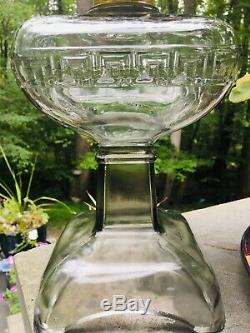 Antique EAPG Greek Key Glass Oil Lamp, Chimney Shade 1880 MB Co. Arctic Burner