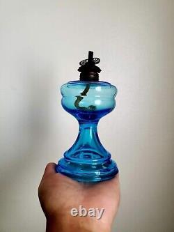 Antique EAPG Miniature Blue Glass Oil Kerosene Lamp 5 1/4 Tall