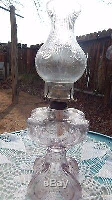 Antique EAPG Princess Feather Oil Lamp 1800s Sun Purple Amethyst Base Glass