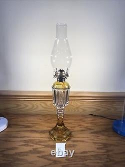 Antique EAPG Yellow & Clear Glass Oil Lamp Light Brass Eagle Burner Kerosene