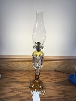 Antique EAPG Yellow & Clear Glass Oil Lamp Light Brass Eagle Burner Kerosene