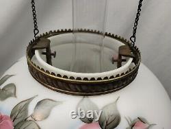 Antique E. M. & Co. Hanging Oil Lamp withHand Painted Shade, Chain Motor & Chimney