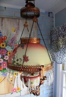 Antique E. Miller Hanging Oil Library Kerosene Parlor Lamp with floral Shade