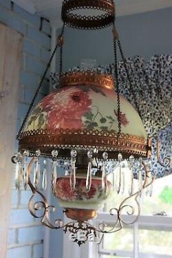 Antique E. Miller Hanging Oil Library Kerosene Parlor Lamp with floral Shade