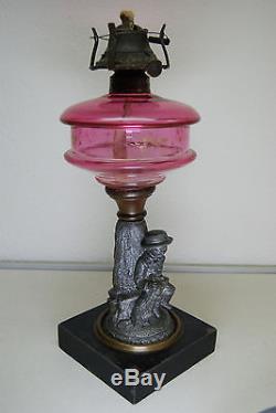 Antique Eapg Oil Kerosene Sandwich Glass Atterbury Banquet Hunting Boy Pink Lamp