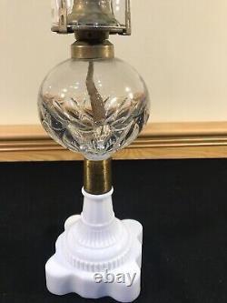 Antique Early Almond Thumbprint Whale Oil Kerosene Lamp EAPG Milk Glass Base