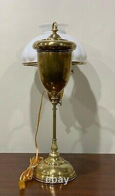 Antique Edward Miller Brass Student Desk Oil Lamp Electrified