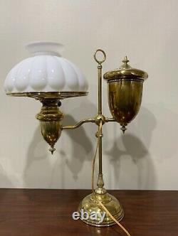 Antique Edward Miller Brass Student Desk Oil Lamp Electrified